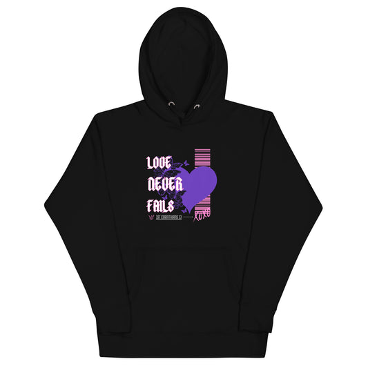 Love Never Fails Hoodie (Pink Font)