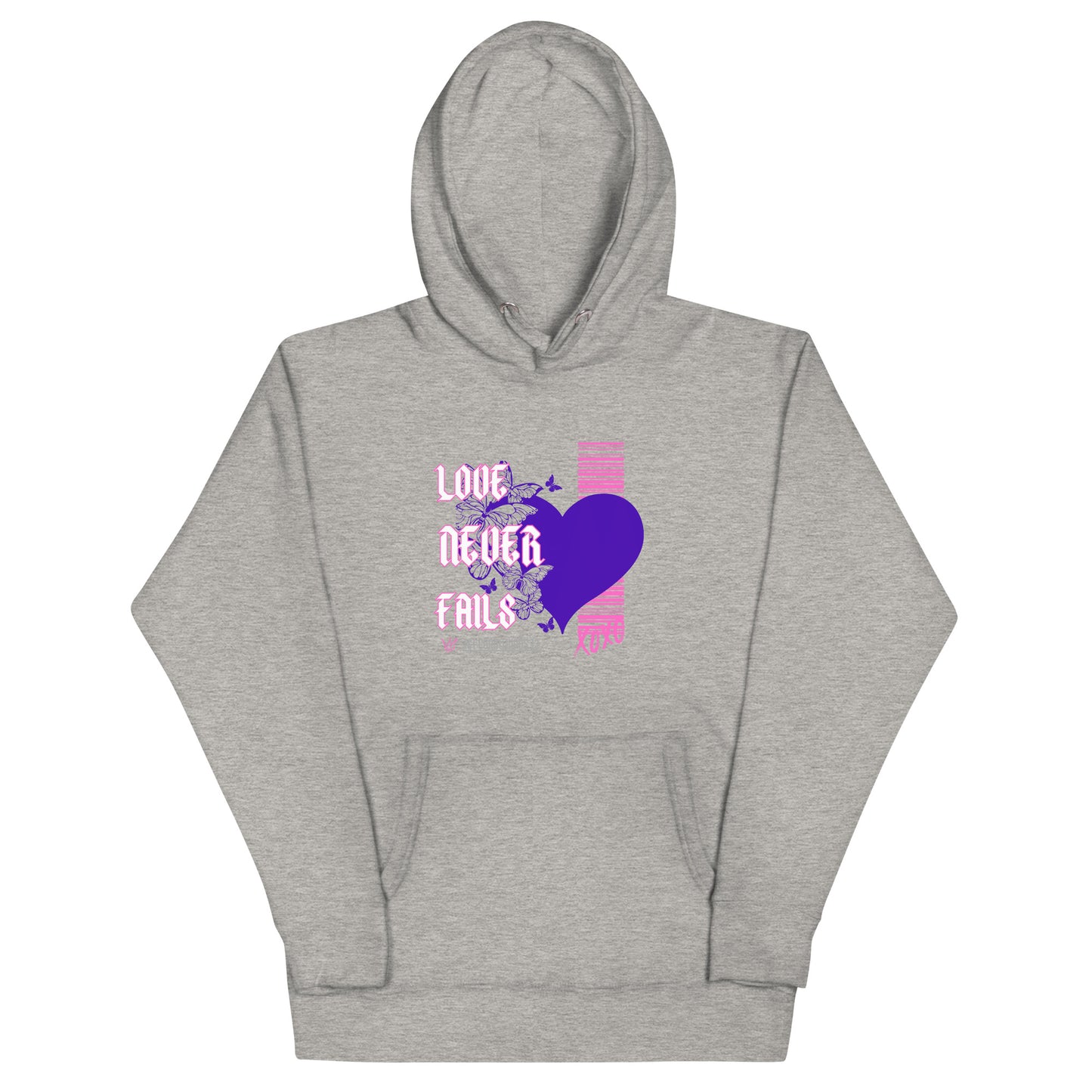 Love Never Fails Hoodie (Pink Font)