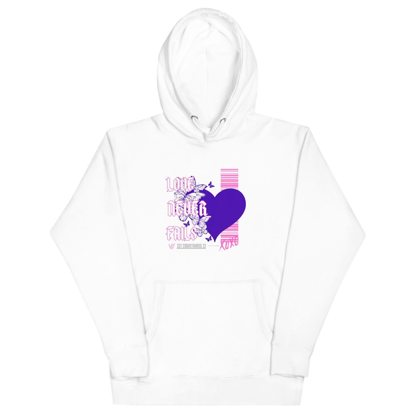 Love Never Fails Hoodie (Pink Font)